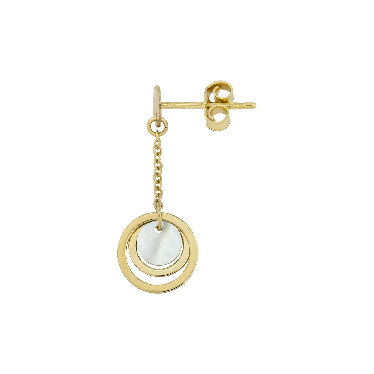 Aretes en oro amarillo de 18 Kilates, Figuras geométricas, con 2 piedra madre perla centrales