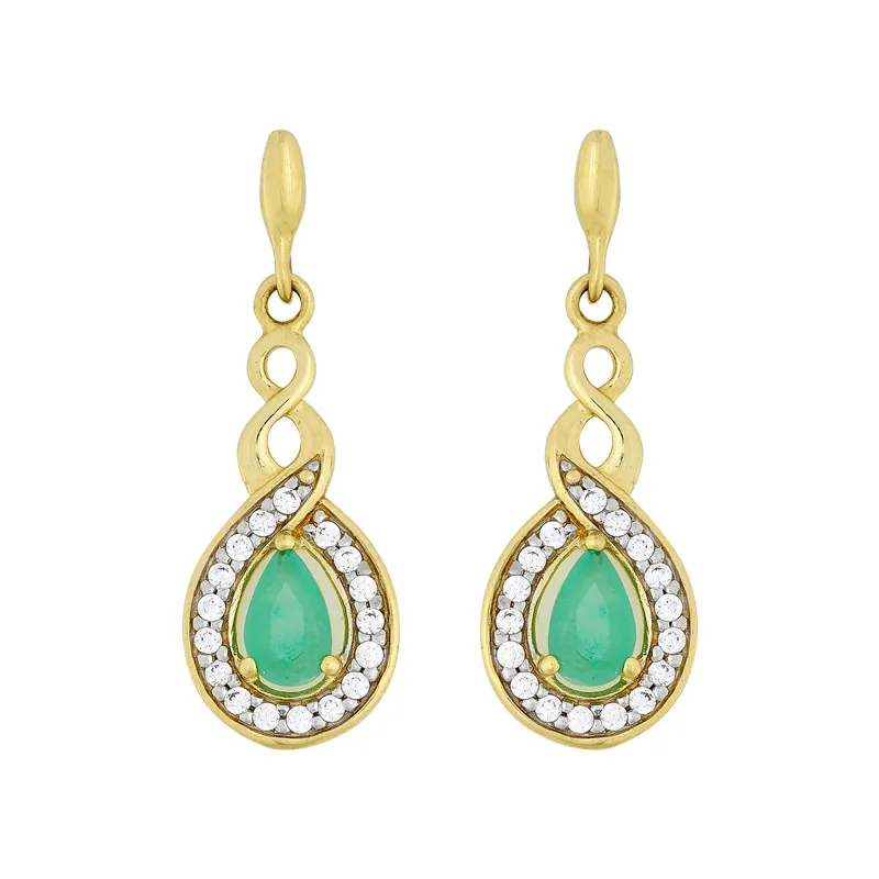 Aretes en oro amarillo de 18 Kilates, Lágrima, con 2 esmeraldas centrales y decoración en zircones