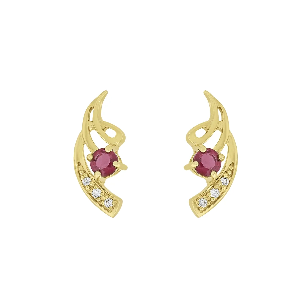 Aretes en oro amarillo de 18 Kilates, Onda, con 2 rubís centrales de 0.20 Ct y decoración en diamantes de 0.03 Ct