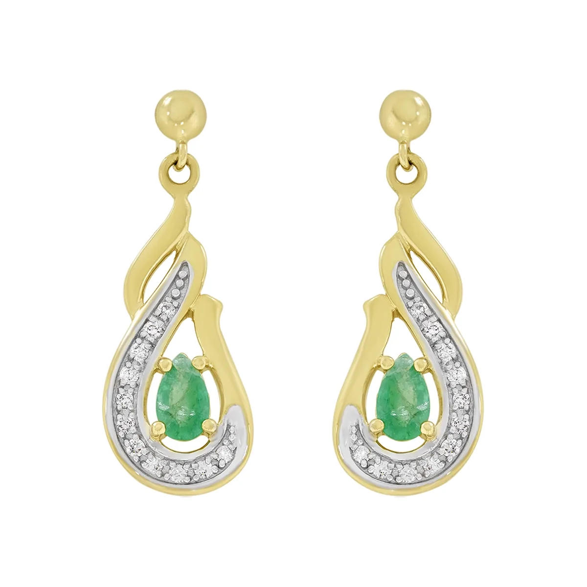 Aretes en oro amarillo de 18 Kilates, Onda, con 2 esmeraldas centrales de 0.40 Ct y decoración en diamantes de 0.11 Ct