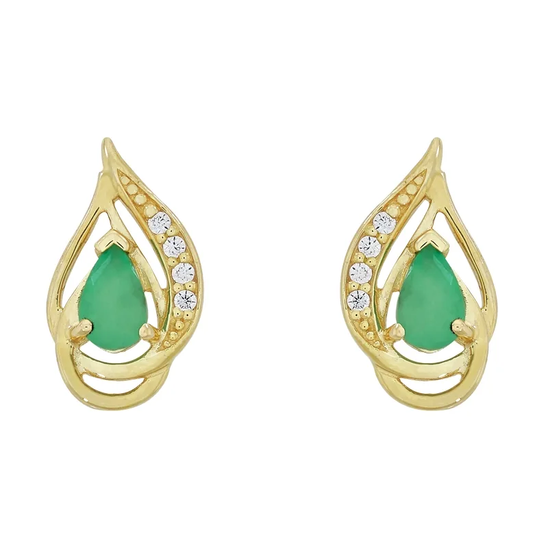 Aretes en oro amarillo de 18 Kilates, Lágrima, con 2 esmeraldas centrales y decoración en zircones