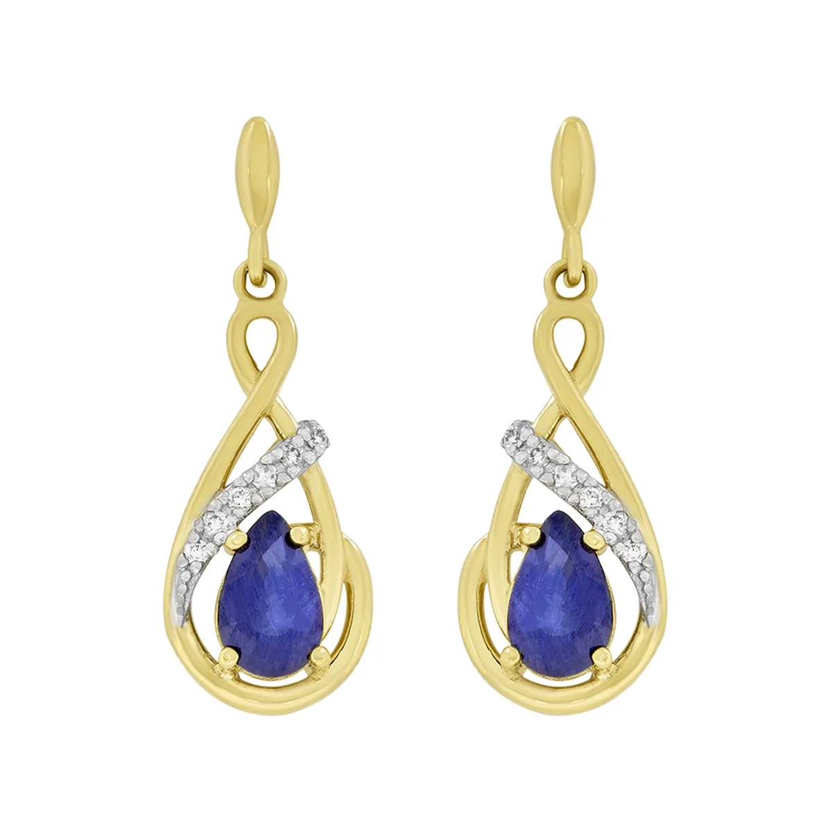 Aretes en oro amarillo de 18 Kilates, Onda, con 2 zafiros centrales de 0.95 Ct y decoración en diamantes de 0.06 Ct