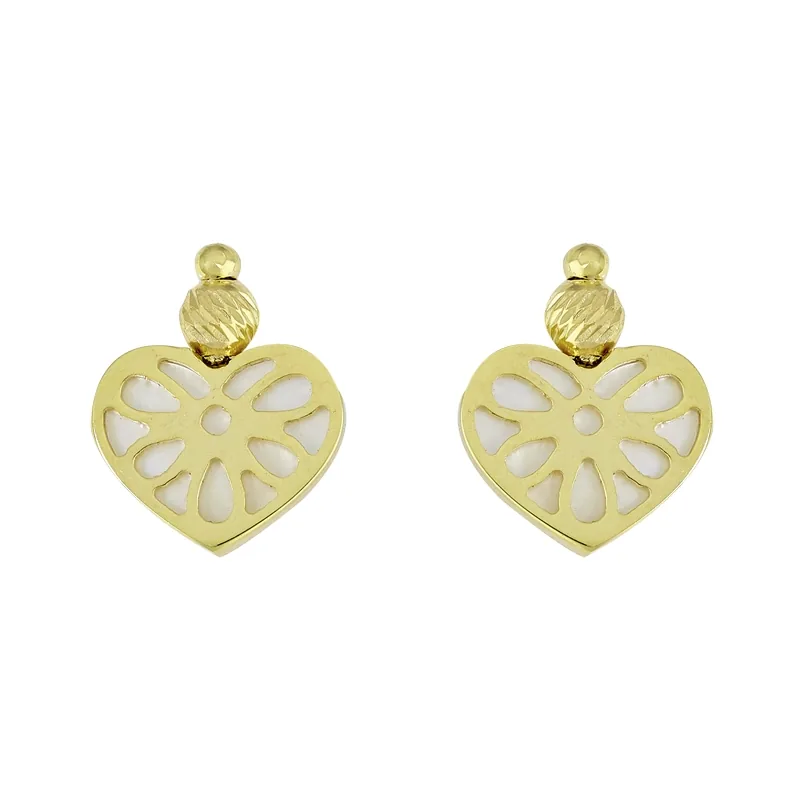 Aretes de corazón en oro amarillo de 18 Kilates con madre perla