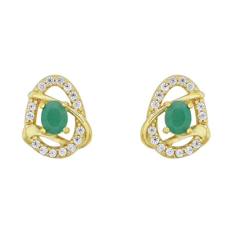 Aretes en oro amarillo de 18 Kilates, Lágrima, con 2 esmeraldas centrales y decoración en zircones