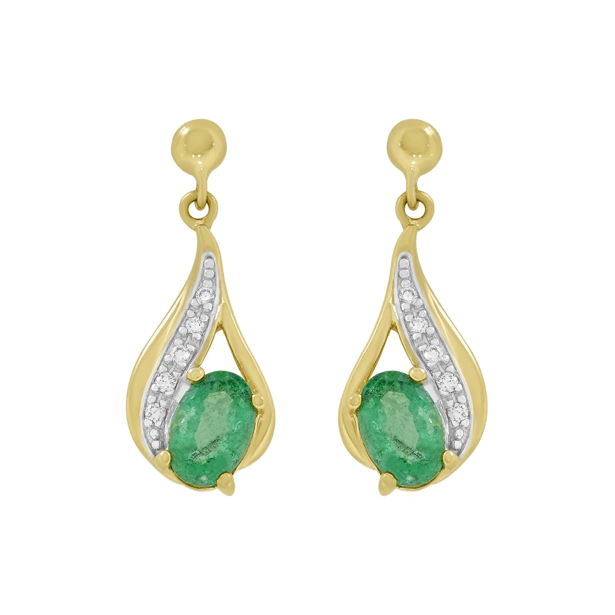 Aretes en oro amarillo de 18 Kilates, Lágrima, con esmeralda central de 0.80 Ct y decoración en diamantes de 0.05 Ct