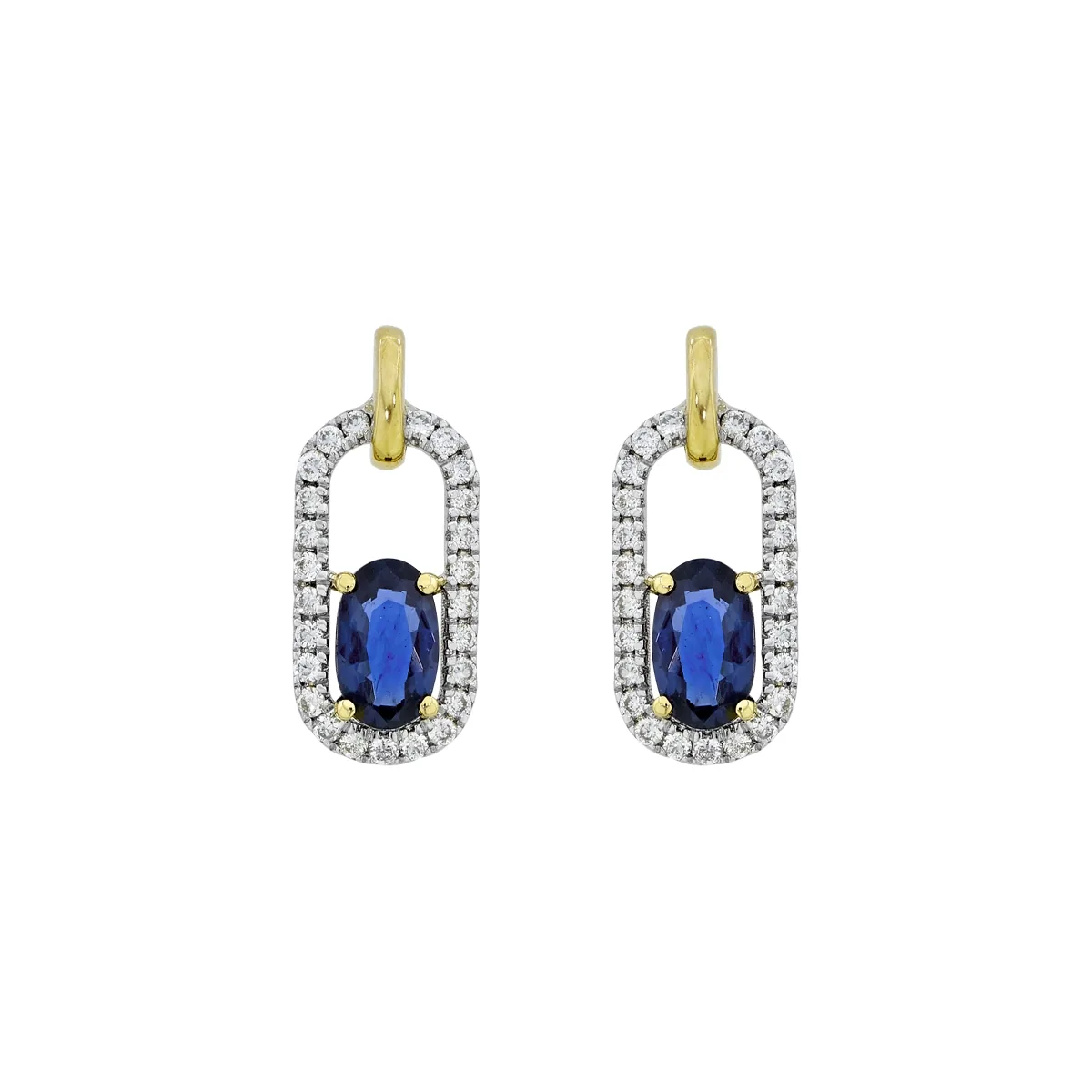 Aretes en oro amarillo de 18 Kilates, Uñas+decoración, con 2 zafiros centrales de 0.60 Ct y decoración en diamantes de 0.14 Ct