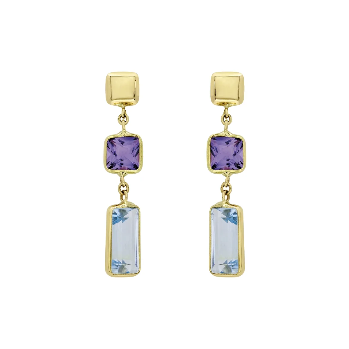 Aretes en oro amarillo de 18 Kilates, Figuras geométricas, con 2 topacios centrales y decoración en amatistas