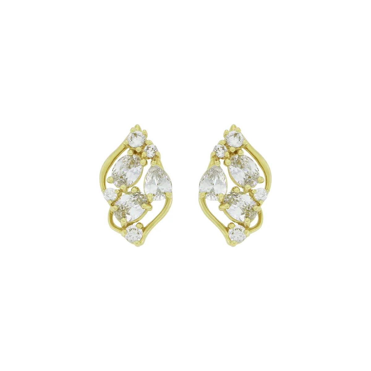 Aretes en oro amarillo de 18 Kilates, Uñas+decoración, con 2 zircones centrales, decoración en zircones y zircones