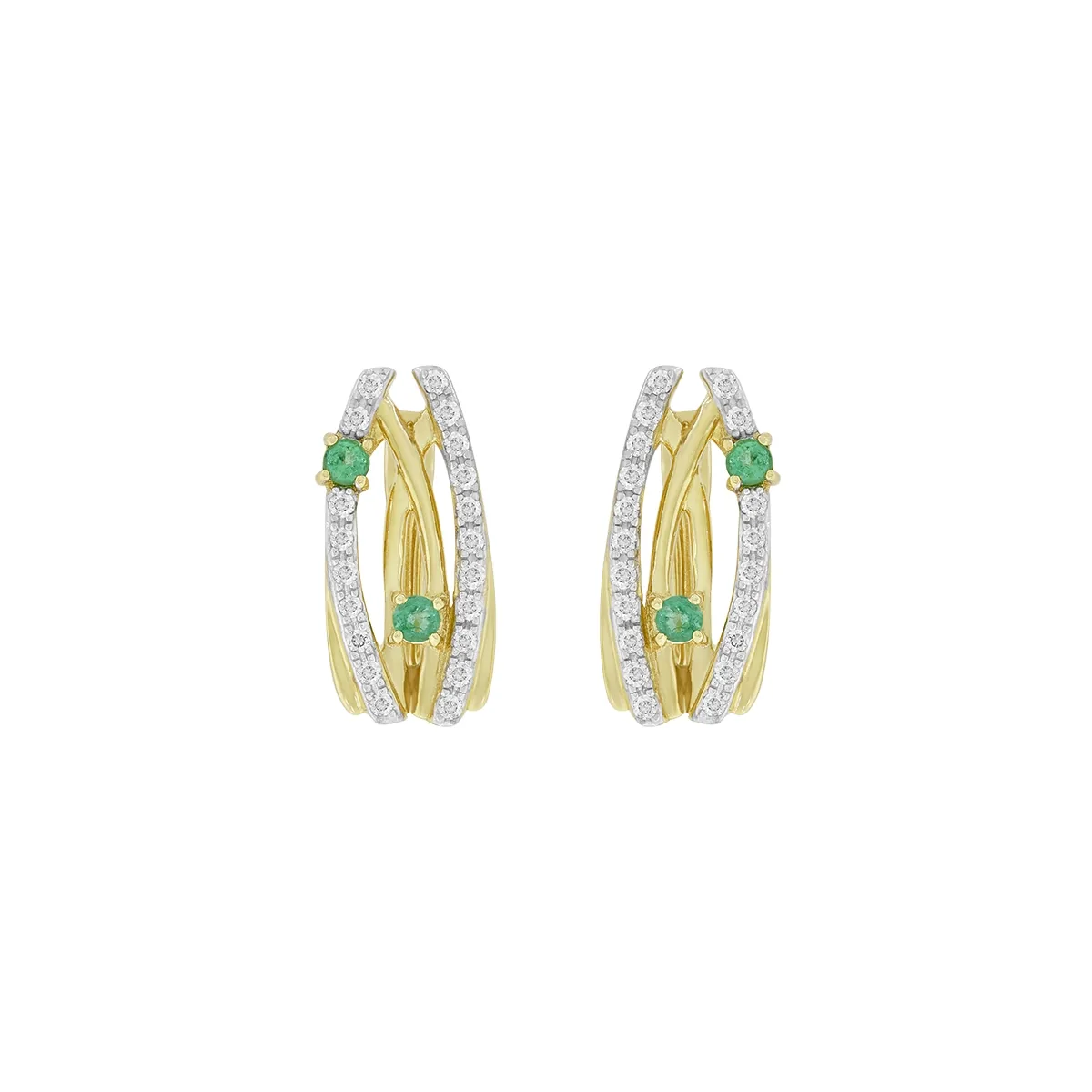 Aretes en oro amarillo de 18 Kilates, Franjas, con 4 esmeraldas centrales de 0.15 Ct y decoración en diamantes de 0.20 Ct