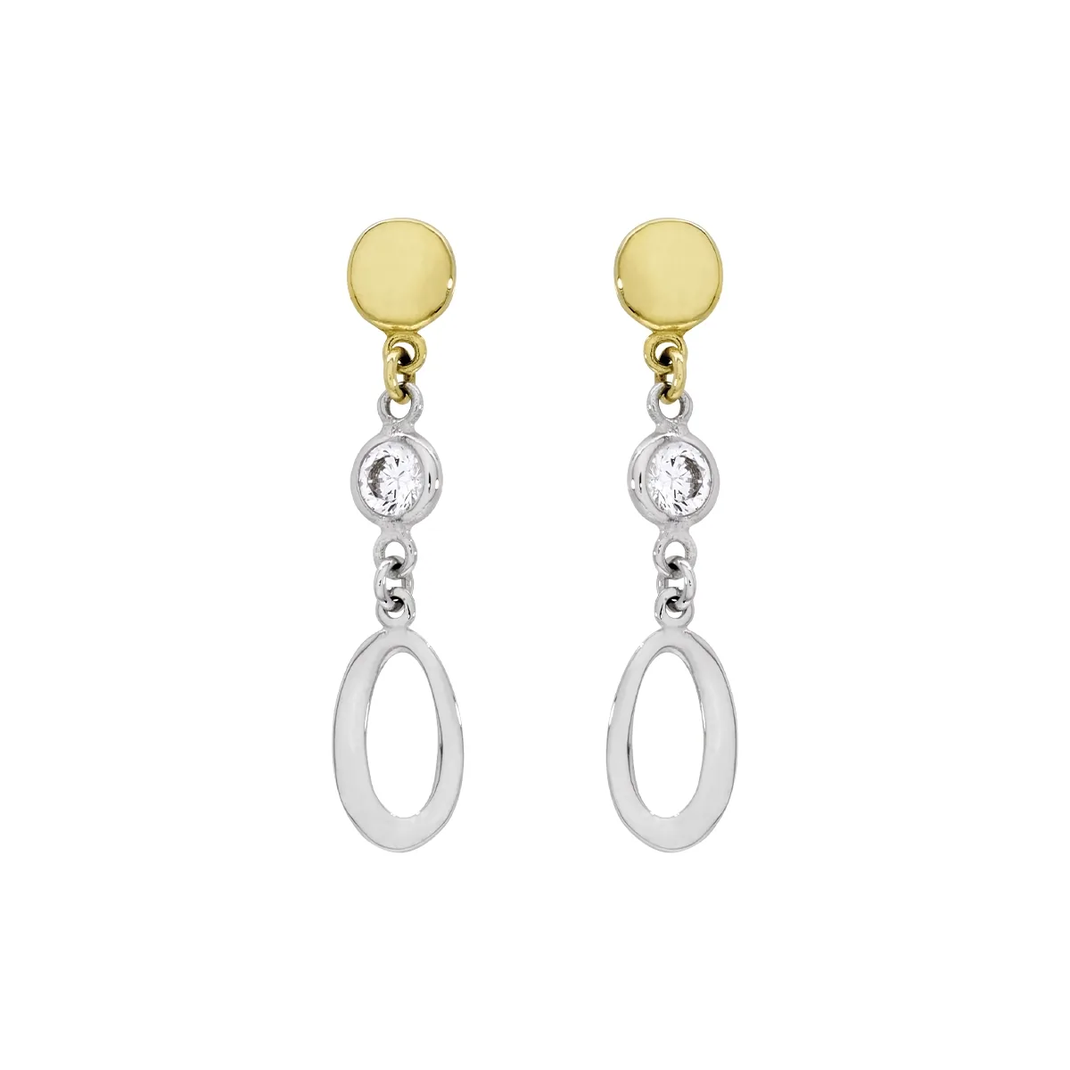 Aretes en oro amarillo de 18 Kilates, Figuras geométricas, con 2 zircones centrales