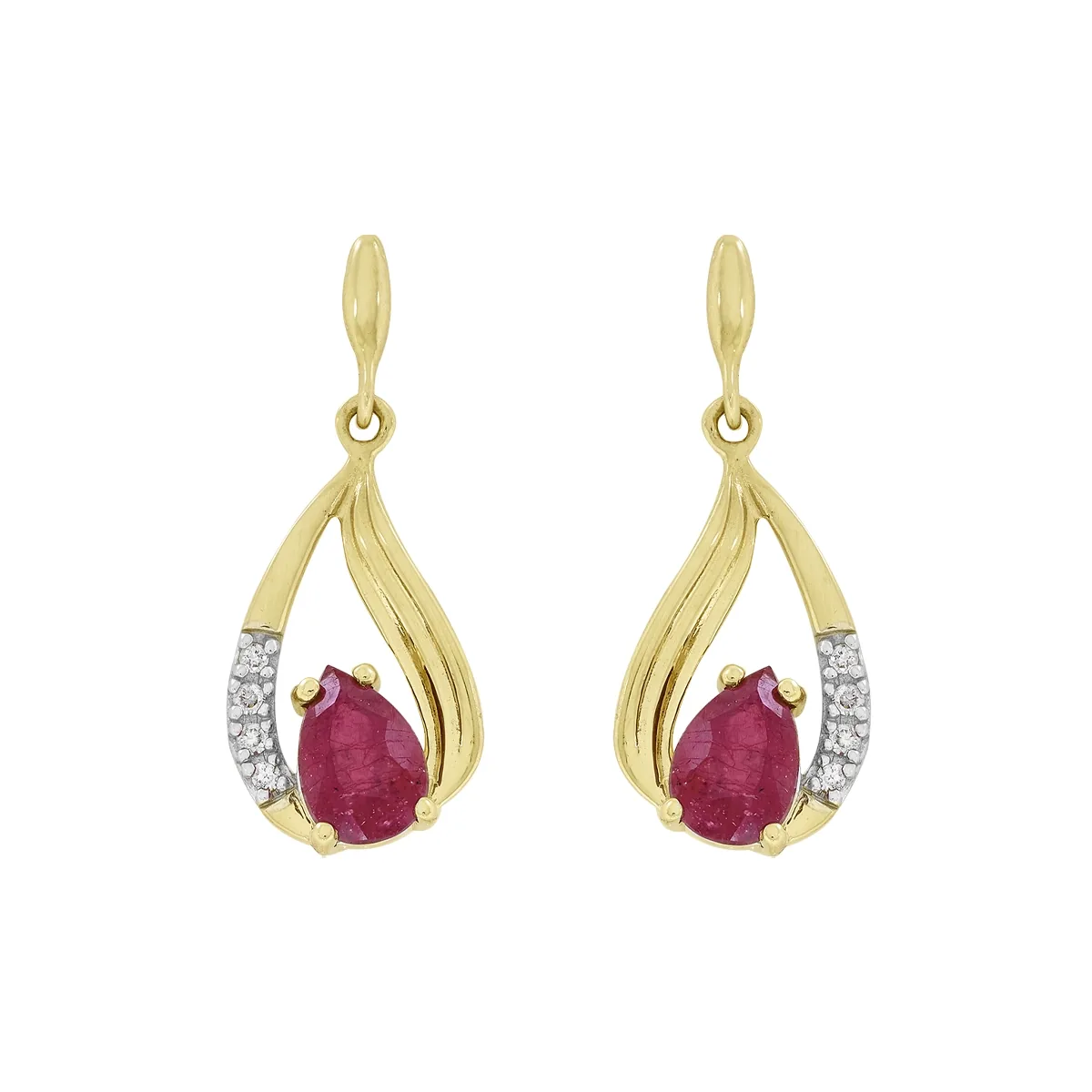 Aretes en oro amarillo de 18 Kilates, Lágrima, con rubí central de 0.70 Ct y diamantes centrales de 0.04 Ct