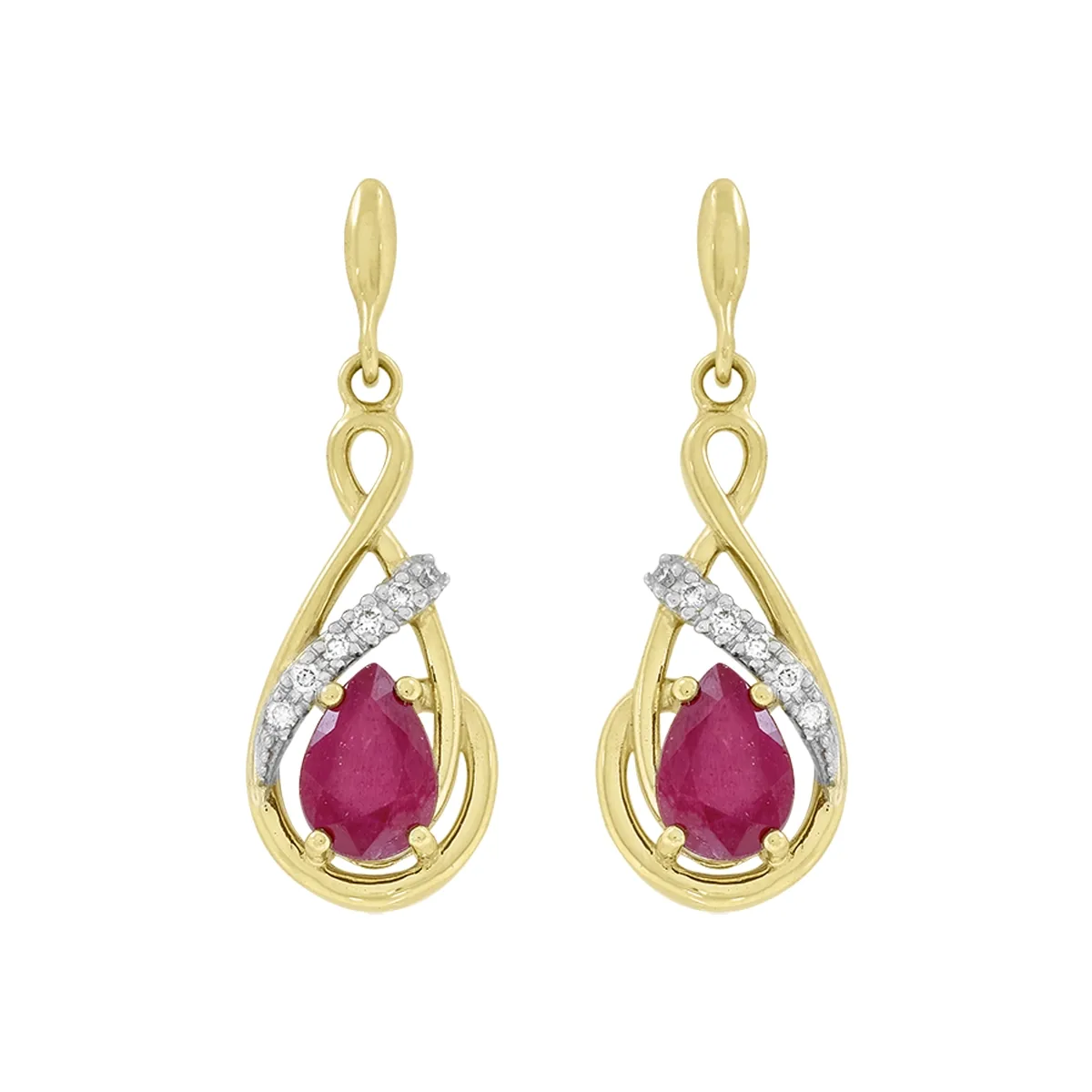 Aretes en oro amarillo de 18 Kilates, Onda, con 2 rubís centrales de 0.70 Ct y decoración en diamantes de 0.06 Ct
