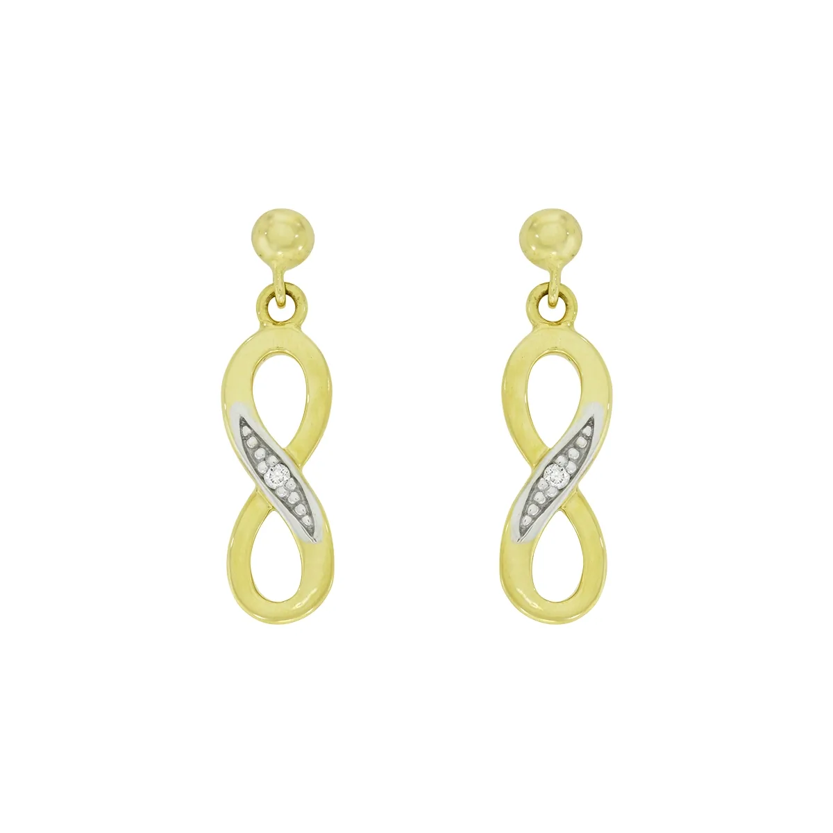 Aretes en oro amarillo de 18 Kilates, Infinito, con diamantes de 0.02 Ct