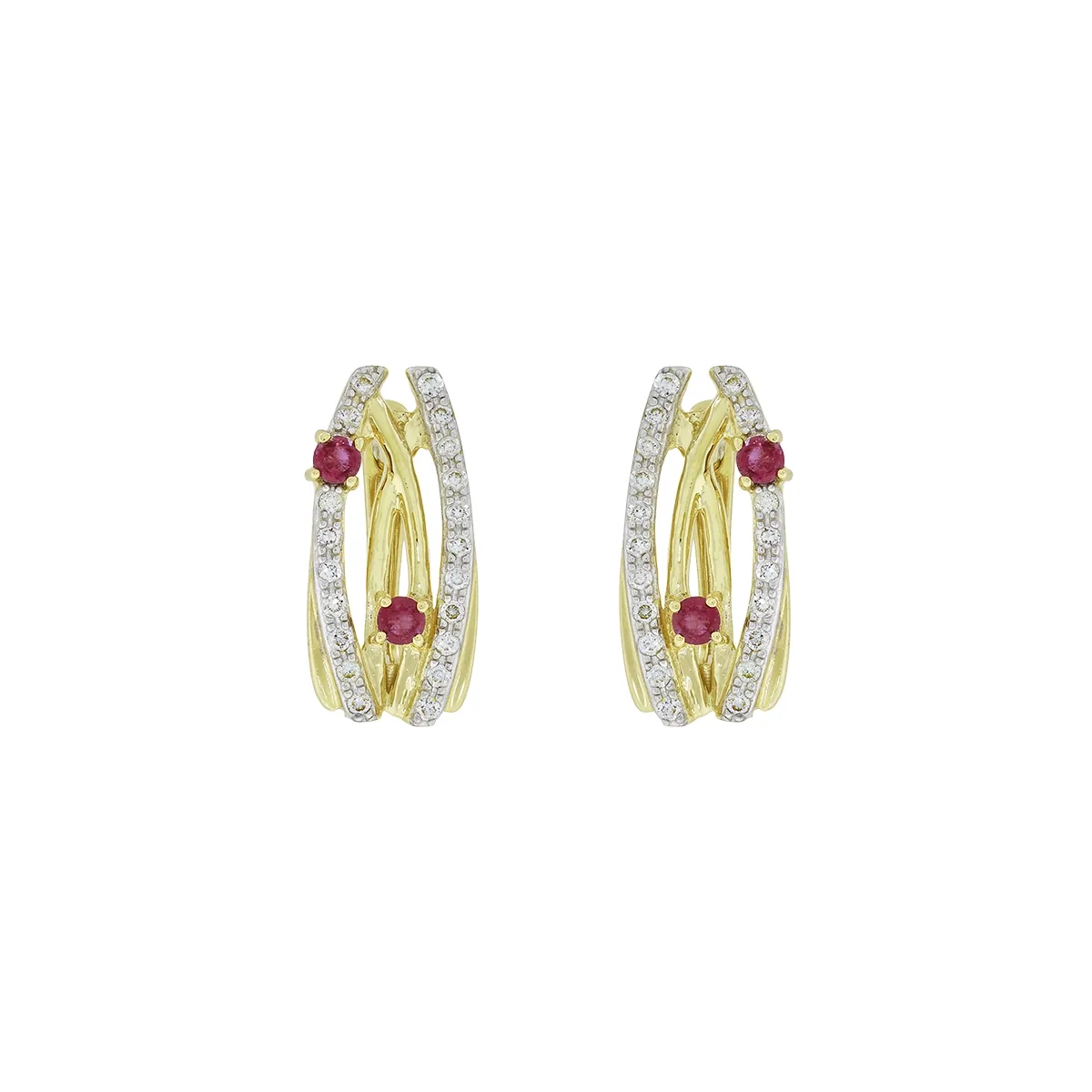 Aretes en oro amarillo de 18 Kilates, Franjas, con 4 rubís centrales de 0.05 Ct y decoración en diamantes de 0.20 Ct