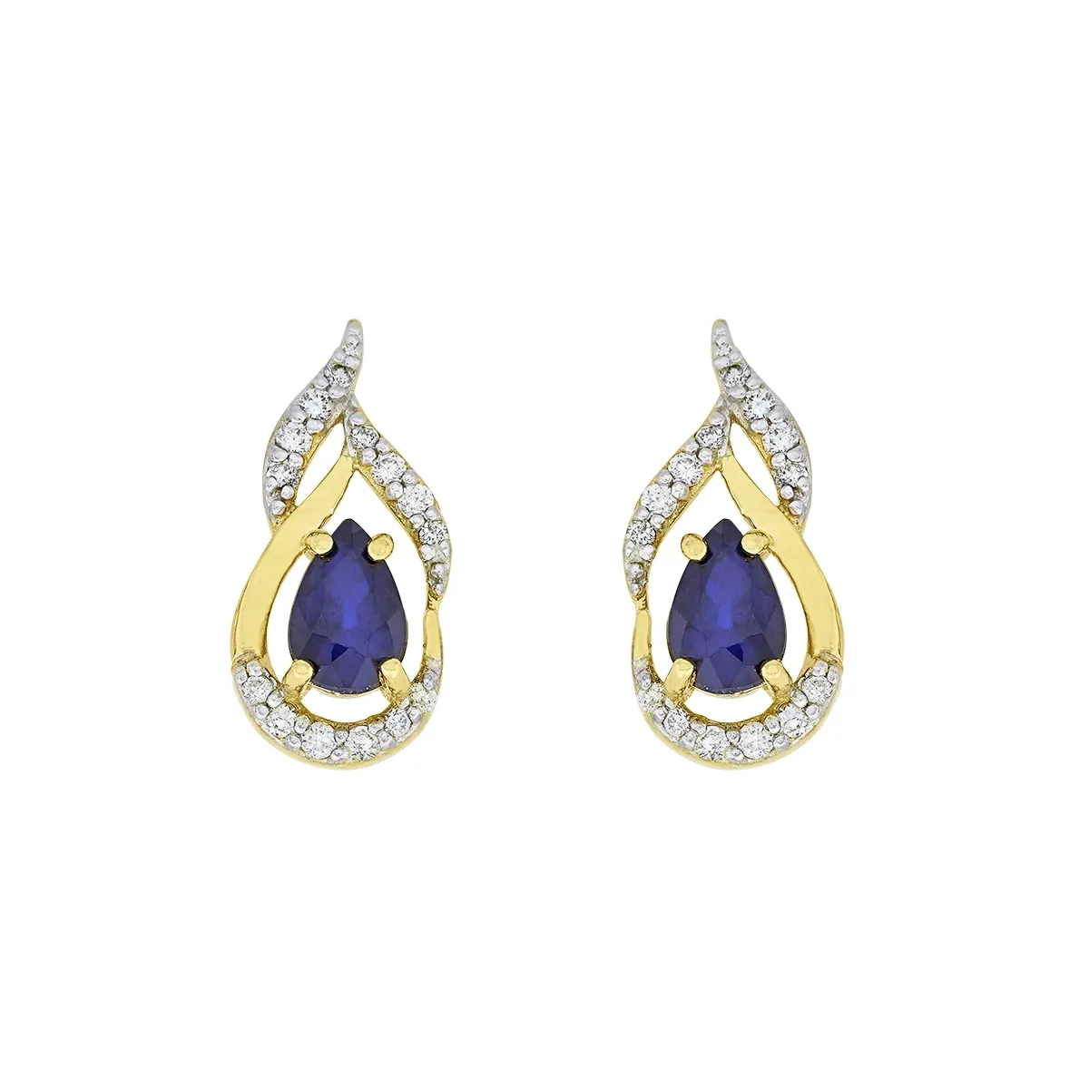 Aretes en oro amarillo de 18 Kilates, Onda, con 2 zafiros centrales de 0.75 Ct y decoración en diamantes de 0.18 Ct