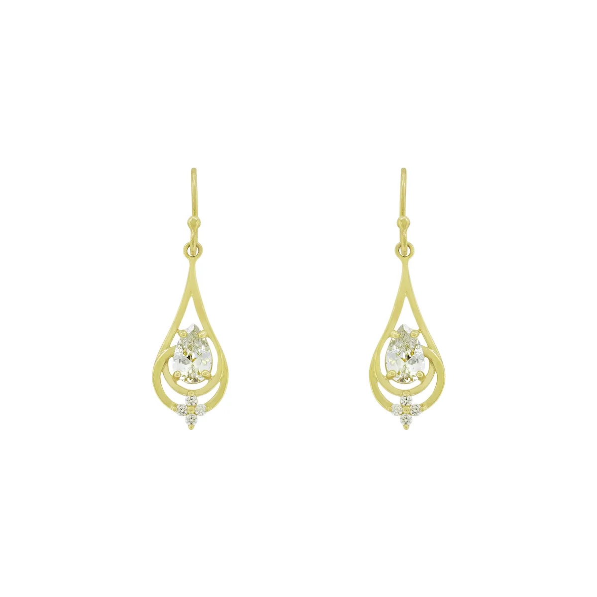 Aretes en oro amarillo de 18 Kilates, Lágrima, con 2 zircones centrales y decoración en zircones