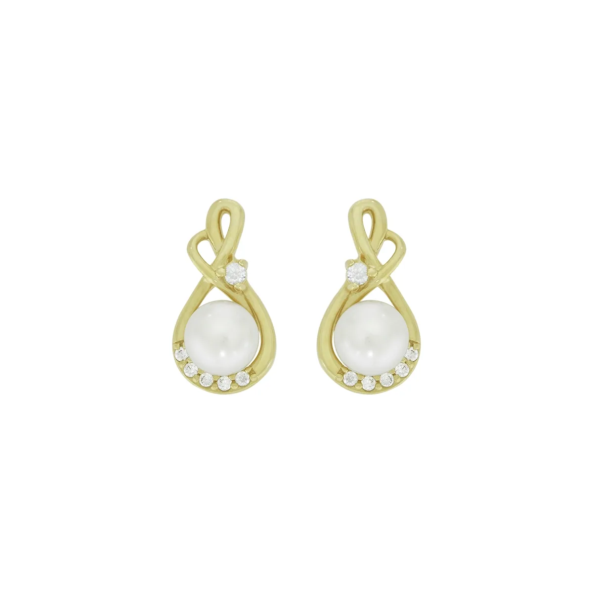 Aretes en oro amarillo de 18 Kilates, Onda, con perlas centrales de 5 mm de ancho aprox y decoración en zircones