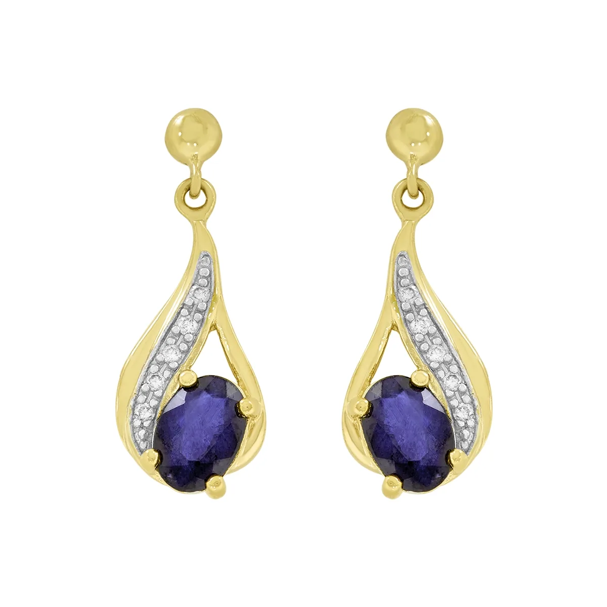 Aretes en oro amarillo de 18 Kilates, Lágrima, con 2 zafiros centrales de 1.05 Ct y decoración en diamantes de 0.05 Ct