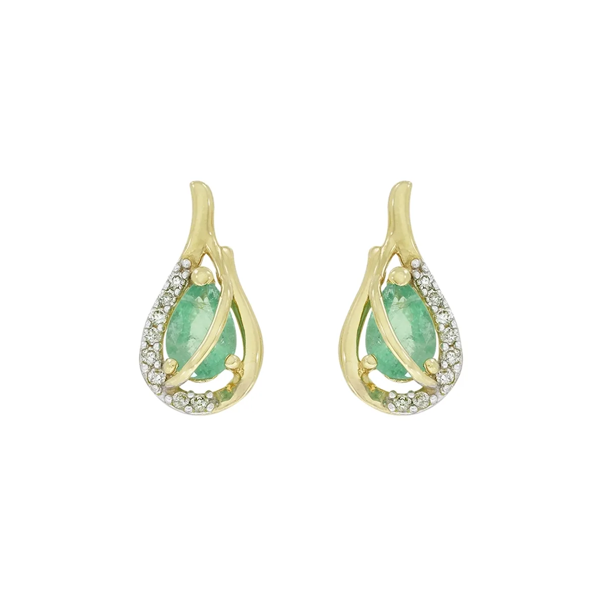 Aretes en oro amarillo de 18 Kilates, Lágrima, con 2 esmeraldas centrales de 0.65 Ct y decoración en diamantes de 0.08 Ct