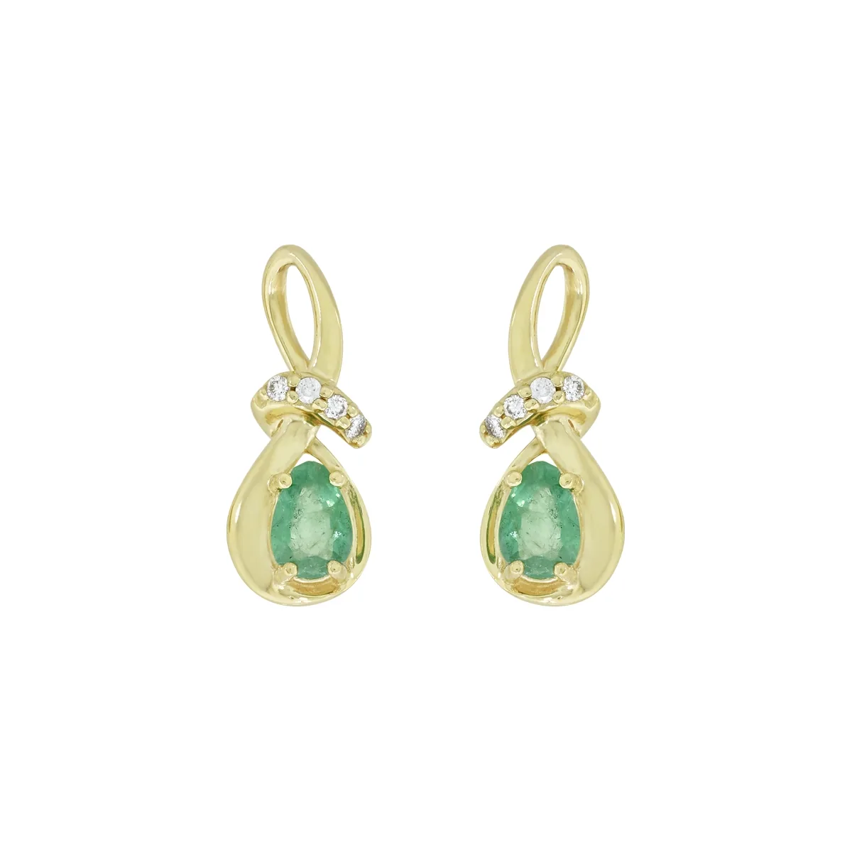 Aretes en oro amarillo de 18 Kilates, Onda, con 2 esmeraldas centrales de 0.30 Ct y decoración en diamantes de 0.04 Ct