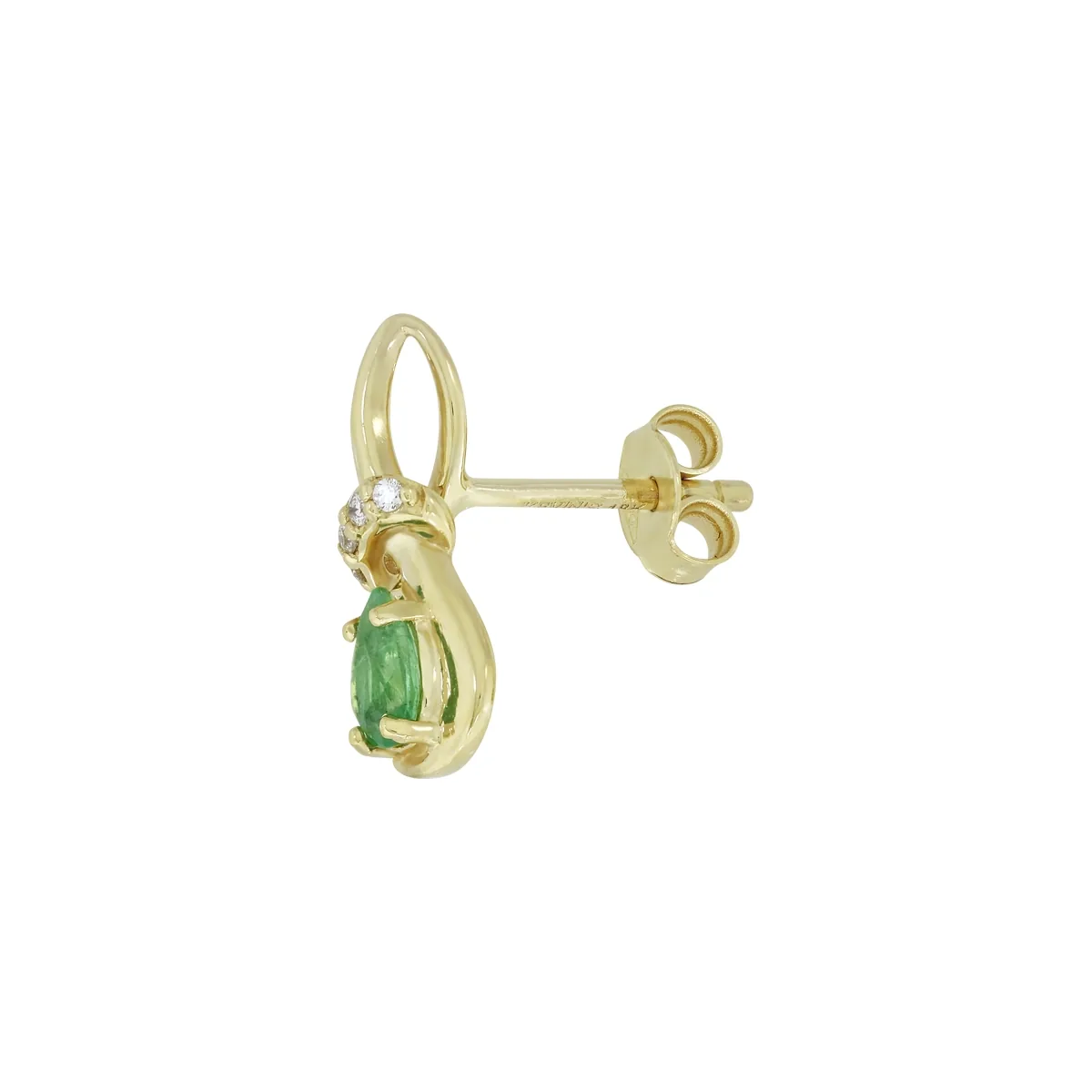 Aretes en oro amarillo de 18 Kilates, Onda, con 2 esmeraldas centrales de 0.30 Ct y decoración en diamantes de 0.04 Ct