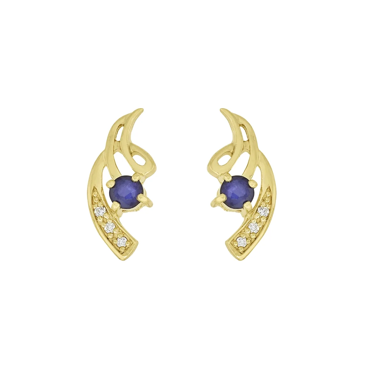 Aretes en oro amarillo de 18 Kilates, Onda, con 2 zafiros centrales de 0.35 Ct y decoración en diamantes de 0.03 Ct