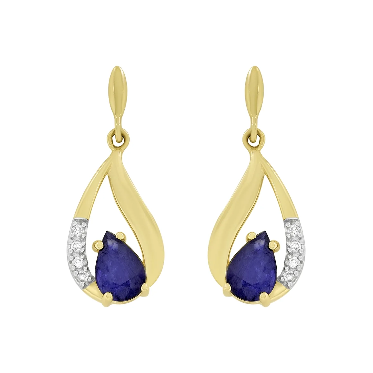 Aretes en oro amarillo de 18 Kilates, Lágrima, con 2 zafiros centrales de 0.70 Ct y decoración en diamantes de 0.04 Ct