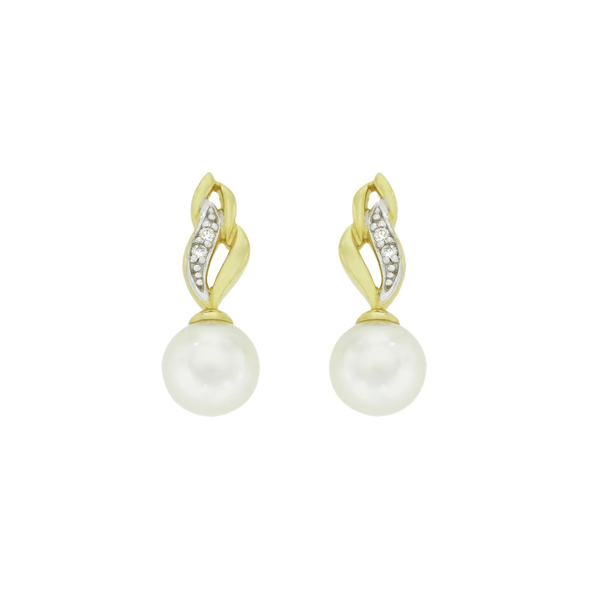 Aretes en oro amarillo de 18 Kilates, Franjas, con perlas centrales de 6 mm de ancho aprox y decoración en diamantes de 0.02 Ct