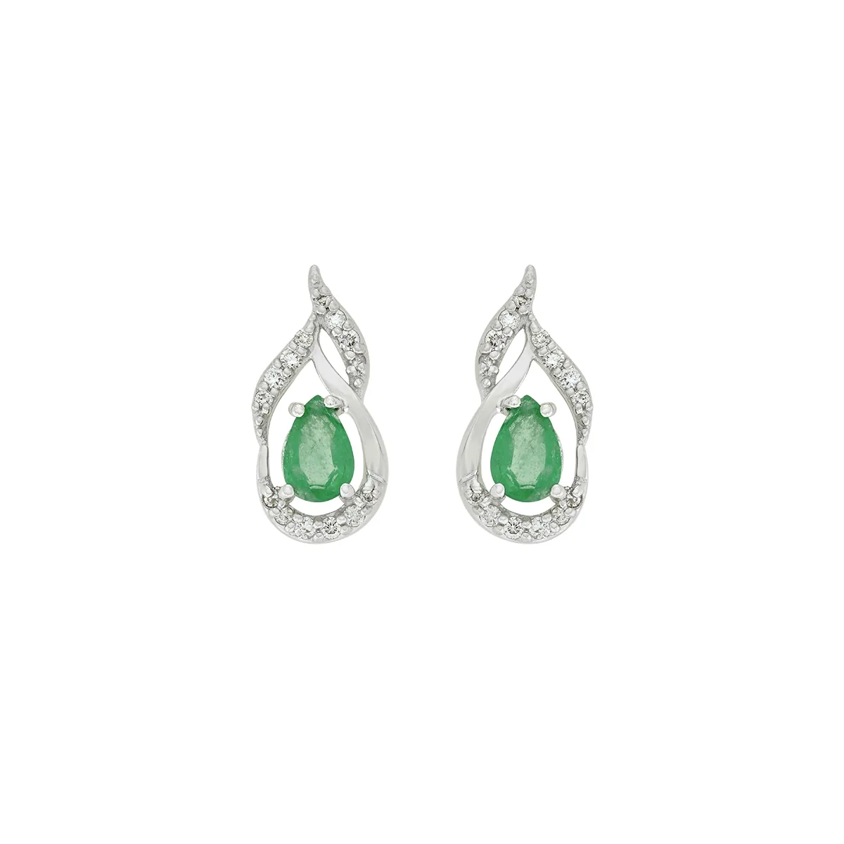 Aretes en oro blanco de 18 Kilates, Onda, con 2 esmeraldas centrales de 0.75 Ct y decoración en diamantes de 0.18 Ct