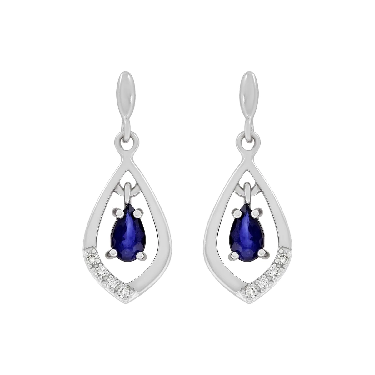 Aretes en oro blanco de 18 Kilates, Lágrima, con 2 zafiros centrales de 0.40 Ct y decoración en diamantes de 0.04 Ct