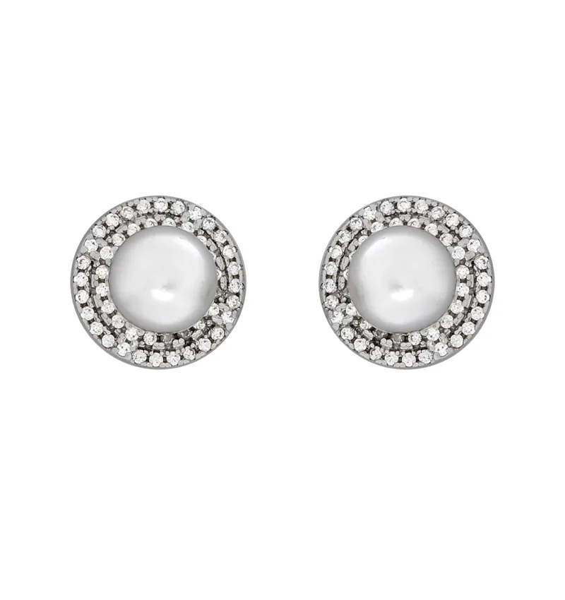 Aretes decoración, con perla sintética central sintética y decoración en cristales, en plata ley 925, rodinado - Colección Sueños
