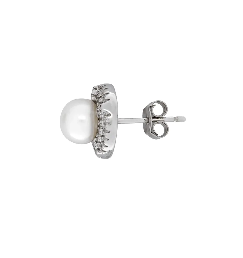 Aretes decoración, con perla sintética central sintética y decoración en cristales, en plata ley 925, rodinado - Colección Sueños