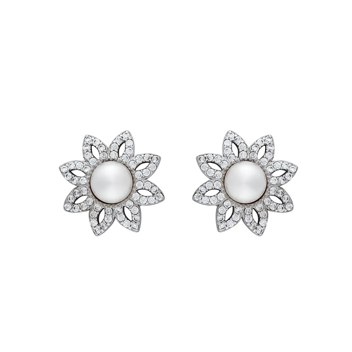 Aretes de flores en plata Ley 925, con 2 perla sintéticas centrales y decoración en cristal - Colección Sueños