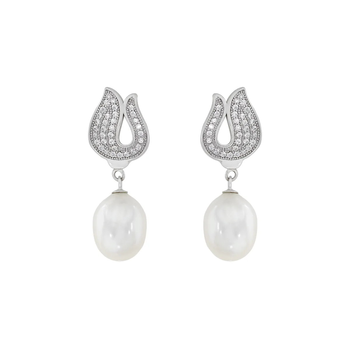 Aretes en plata Ley 925, Onda, con perlas centrales de 9 mm de ancho aprox y decoración en zircones, de la coleccion Sueños