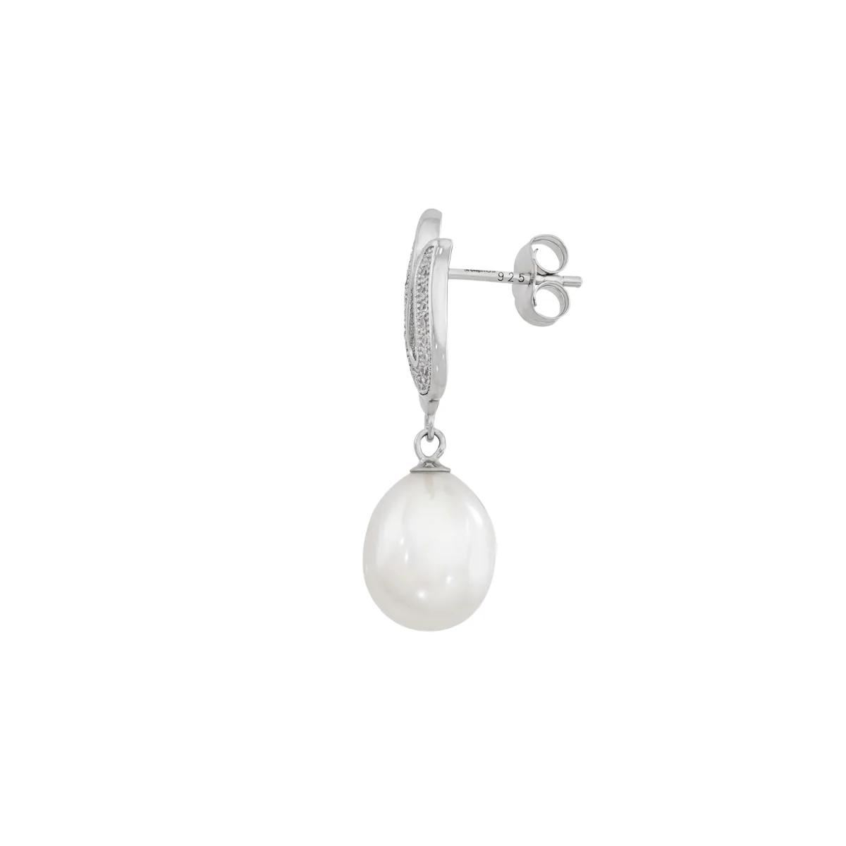 Aretes en plata Ley 925, Onda, con perlas centrales de 9 mm de ancho aprox y decoración en zircones, de la coleccion Sueños