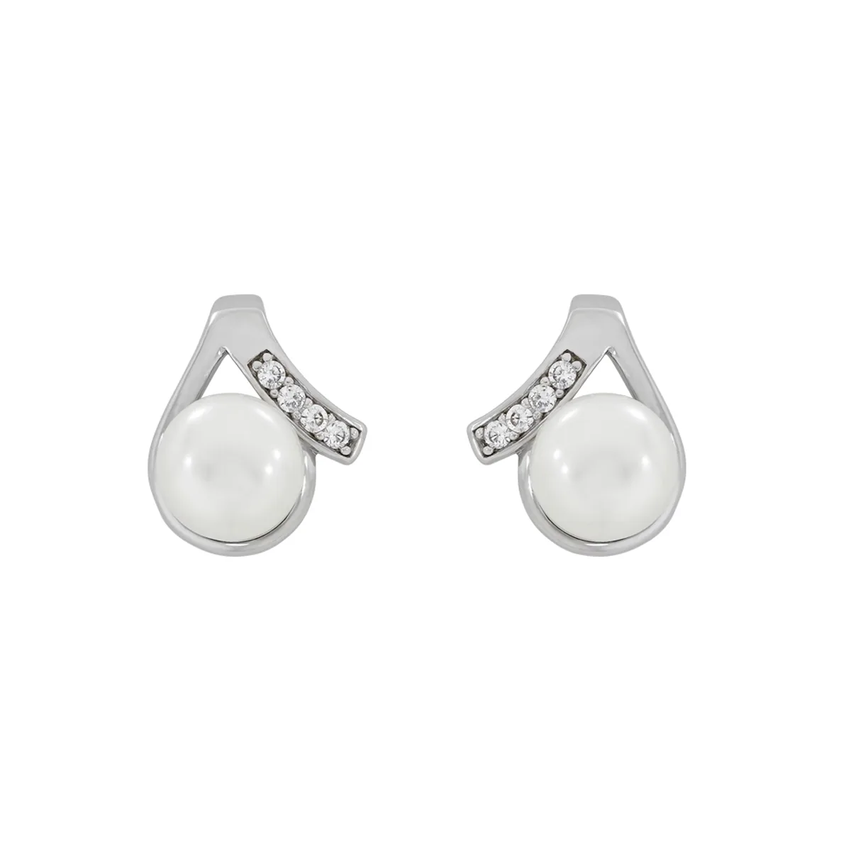 Aretes en plata Ley 925, Lágrima, con perla central de 8 mm de ancho aprox y decoración en zircones, de la coleccion Sueños