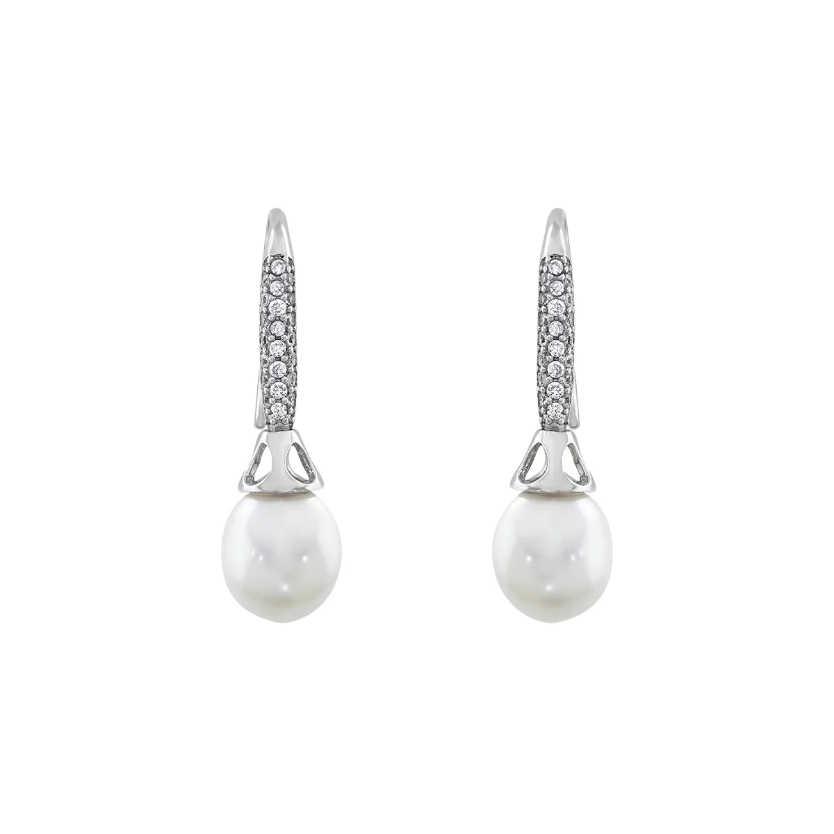 Aretes en plata Ley 925, Barras, con perlas centrales de 9 mm de ancho aprox y decoración en zircones, de la coleccion Sueños