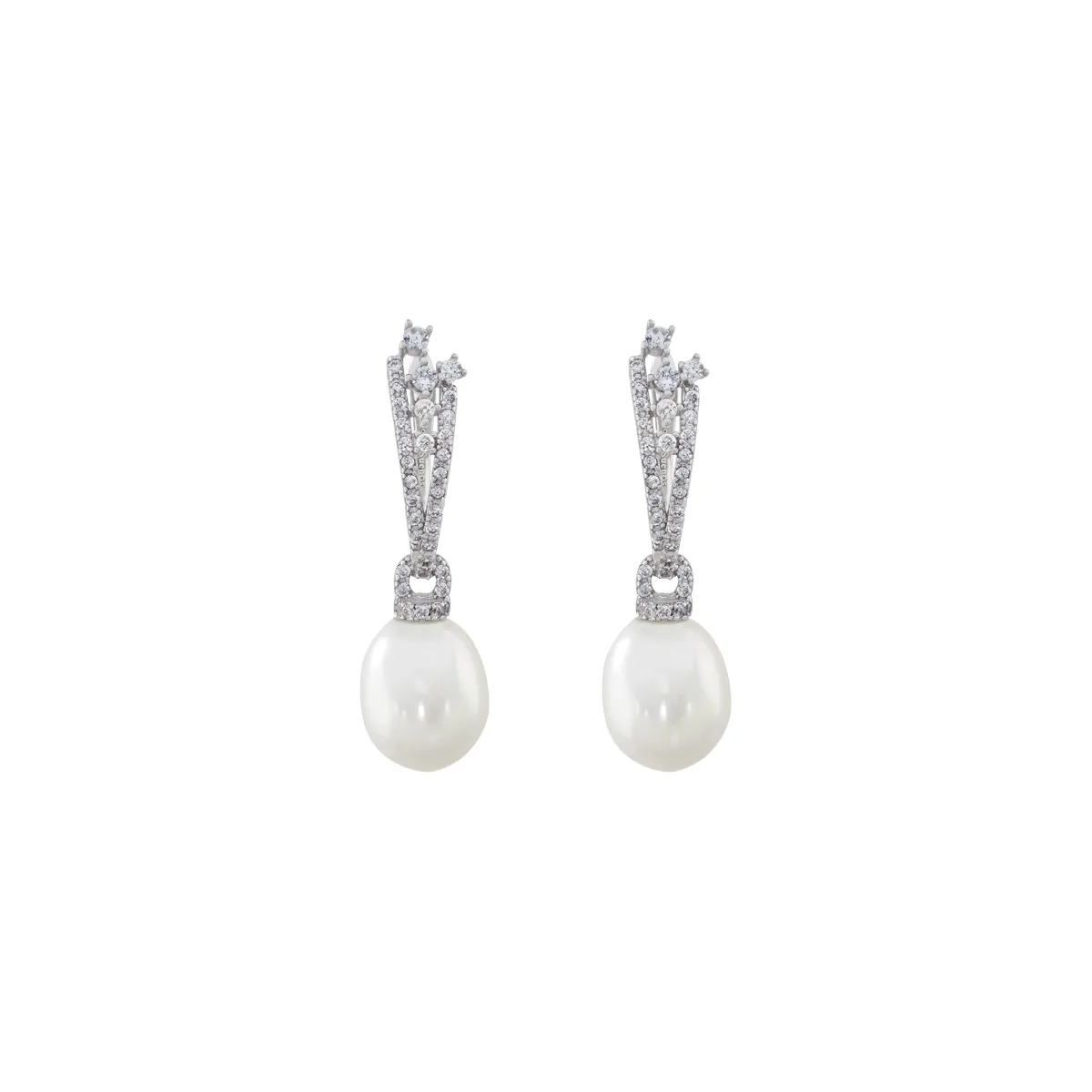 Aretes en plata Ley 925, Franjas, con perlas centrales de 8 mm de ancho aprox y decoración en zircones, de la coleccion Sueños