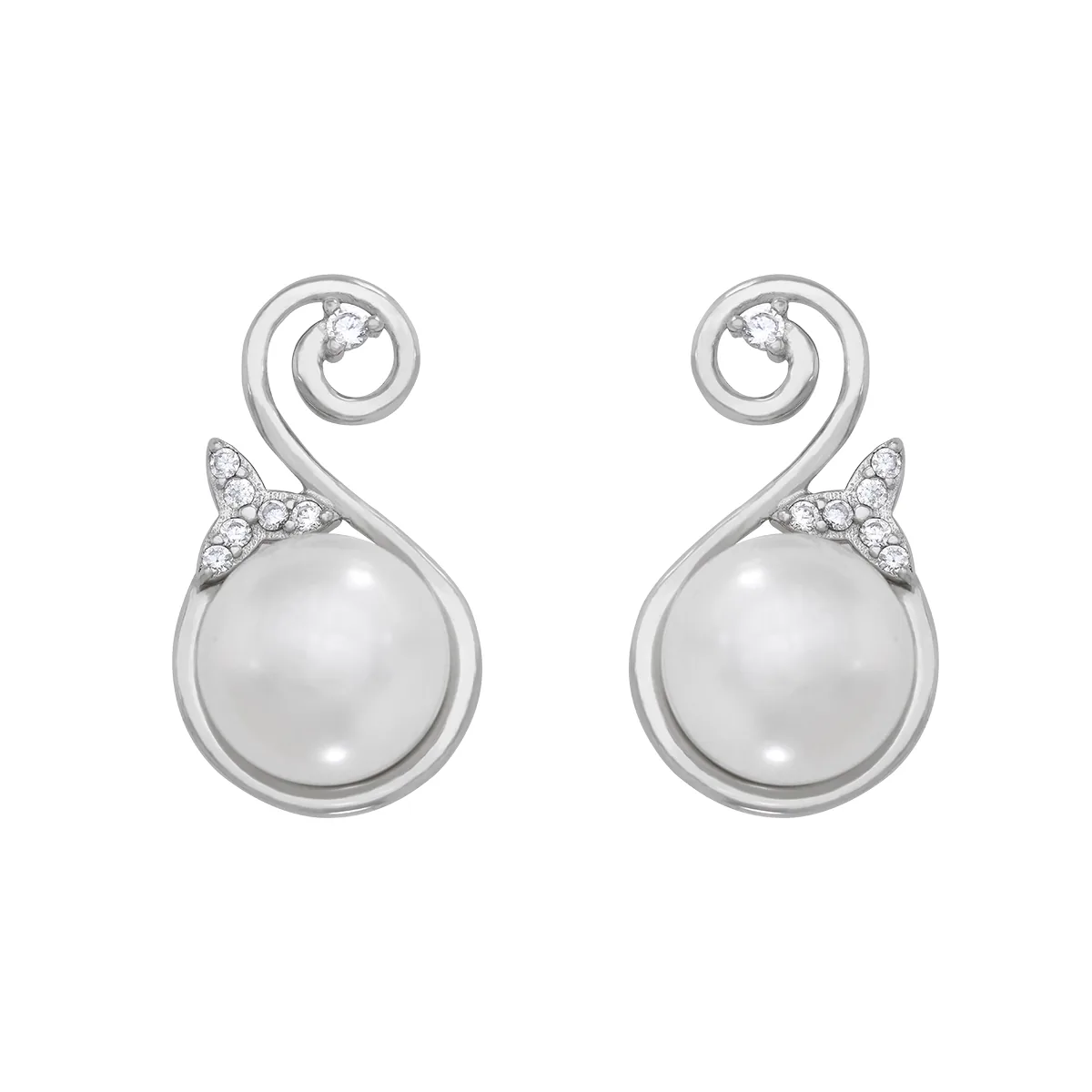 Aretes en plata Ley 925, Onda, con perlas centrales de 9 mm de ancho aprox y decoración en zircones, de la coleccion Sueños