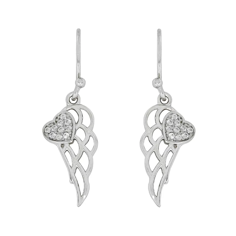 Aretes de alas con corazón en plata Ley 925, con zircones - Colección Sueños