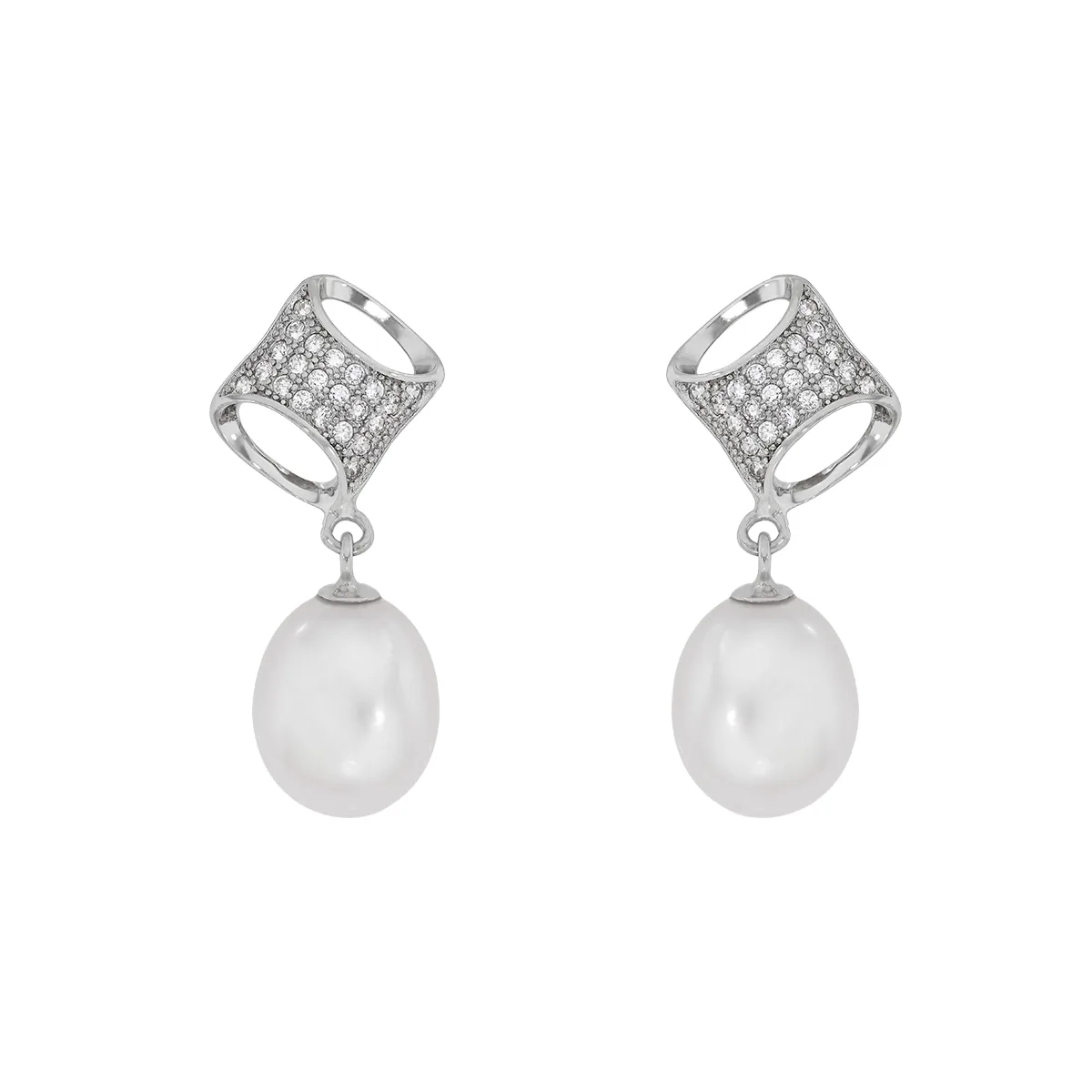 Aretes en plata Ley 925, Franjas, con perlas centrales de 8 mm de ancho aprox y decoración en zircones, de la coleccion Sueños