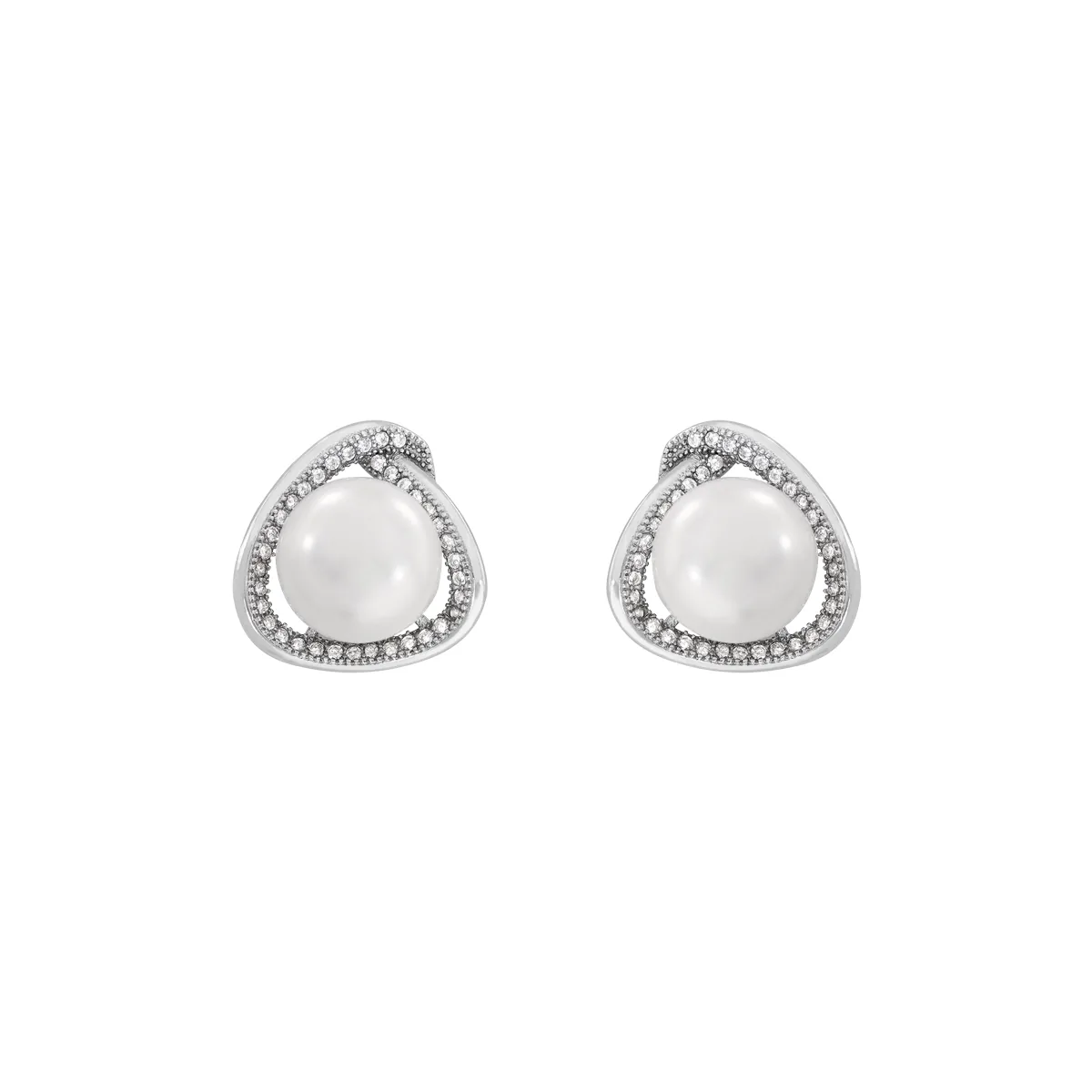Aretes en plata Ley 925, Figuras geométricas, con perlas centrales de 9 mm de ancho aprox y decoración en zircones, de la coleccion Sueños