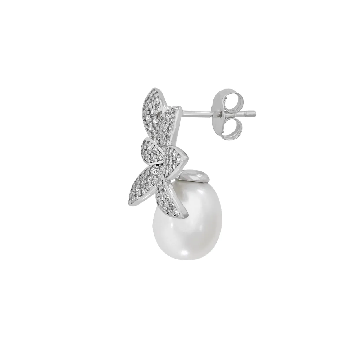 Aretes en plata Ley 925, Hoja, con perlas centrales de 8 mm de ancho aprox y decoración en zircones, de la coleccion Sueños
