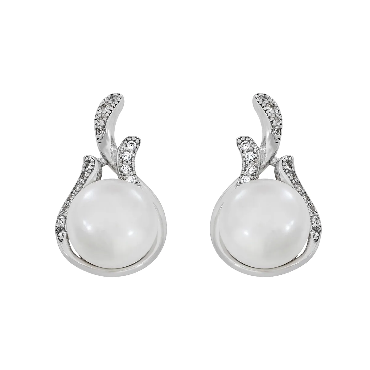 Aretes en plata Ley 925, Lágrima, con perlas centrales de 8 mm de ancho aprox y decoración en zircones, de la coleccion Sueños