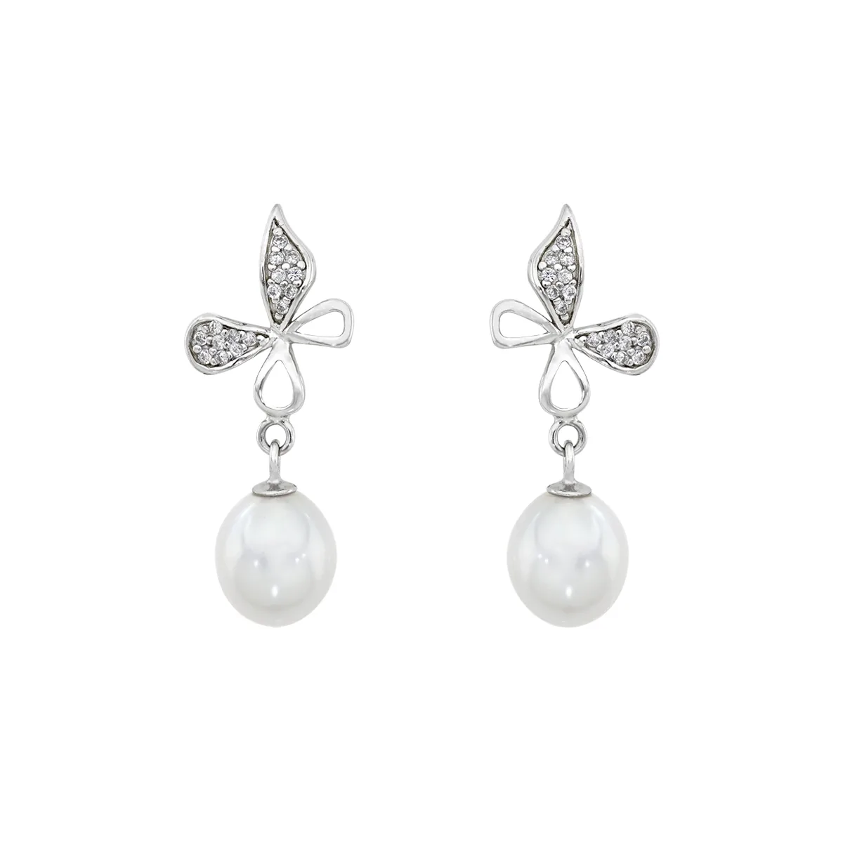 Aretes de mariposa en plata Ley 925, con perlas centrales de 7 mm de ancho aprox y decoración en zircones - Colección Sueños