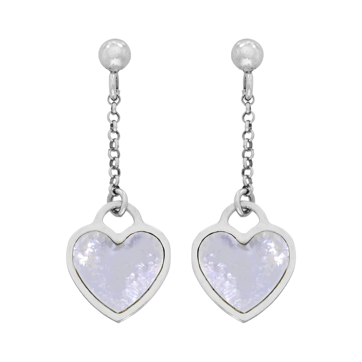 Aretes de corazón en plata Ley 925, con madre perla - Colección Sueños