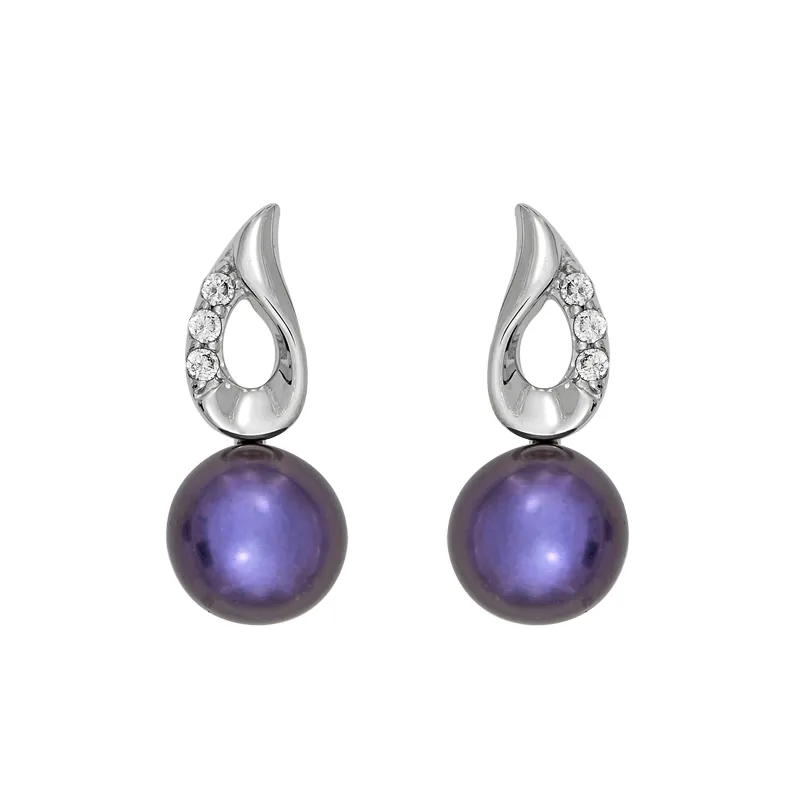 Aretes en plata Ley 925, Onda, con 2 perla sintéticas centrales y decoración en cristales, de la coleccion Sueños