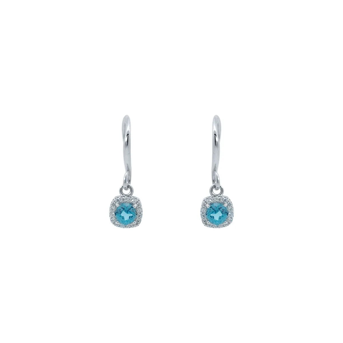 Aretes en plata Ley 925, Figuras geométricas, con 2 zircones centrales y decoración en zircones, de la coleccion Sueños