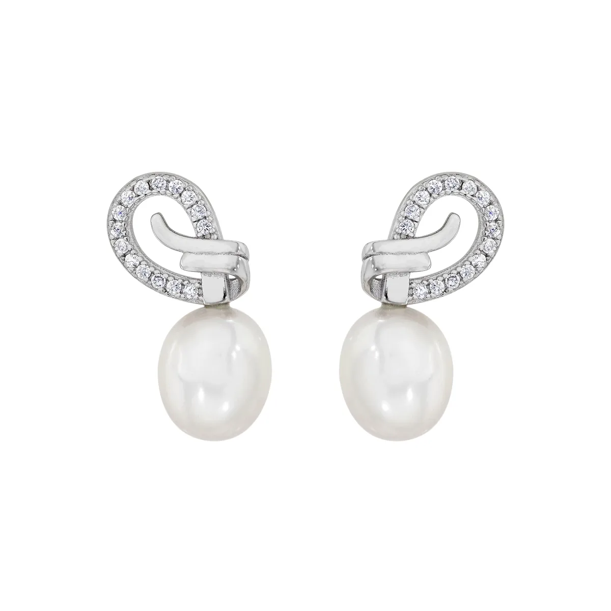 Aretes en plata Ley 925, Onda, con perlas centrales de 7 mm de ancho aprox y decoración en zircones, de la coleccion Sueños