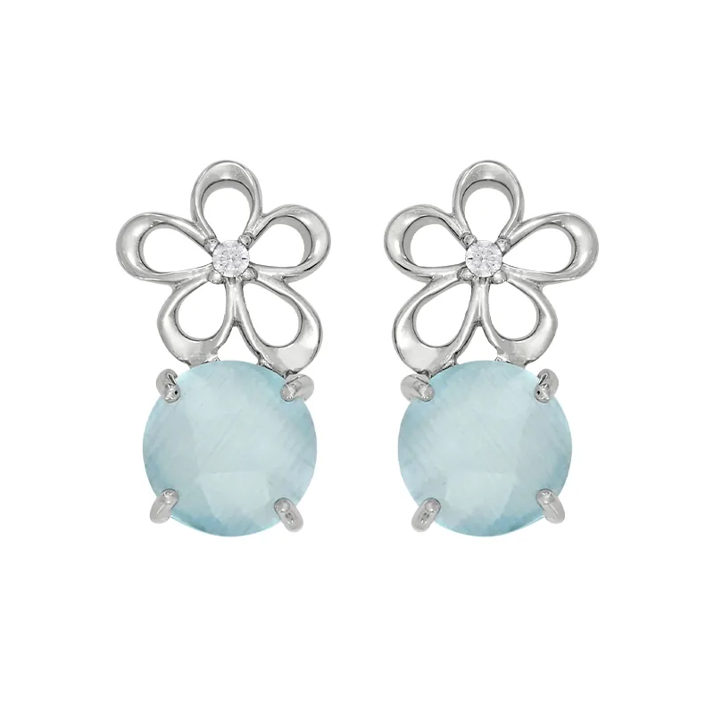 Aretes de flores en plata Ley 925, con 2 cristales centrales y decoración en cristales - Colección Sueños